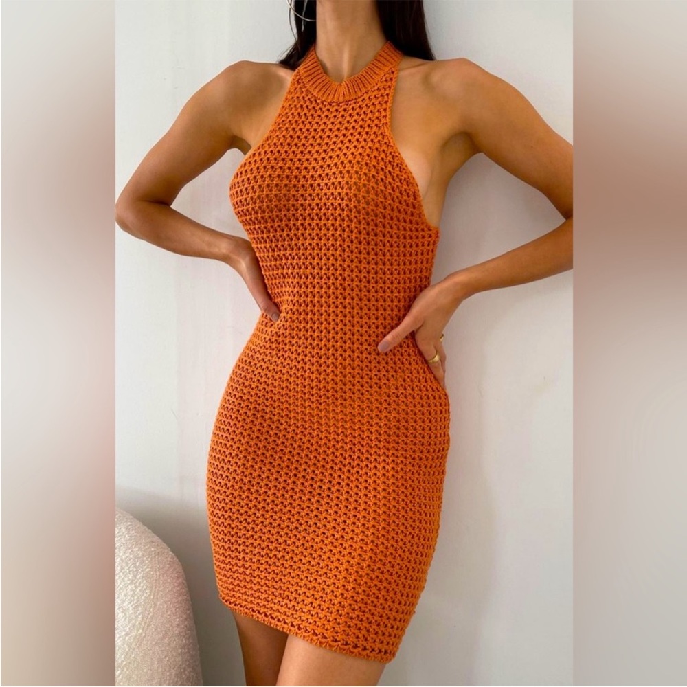 Meshki orange crochet halter mini dress